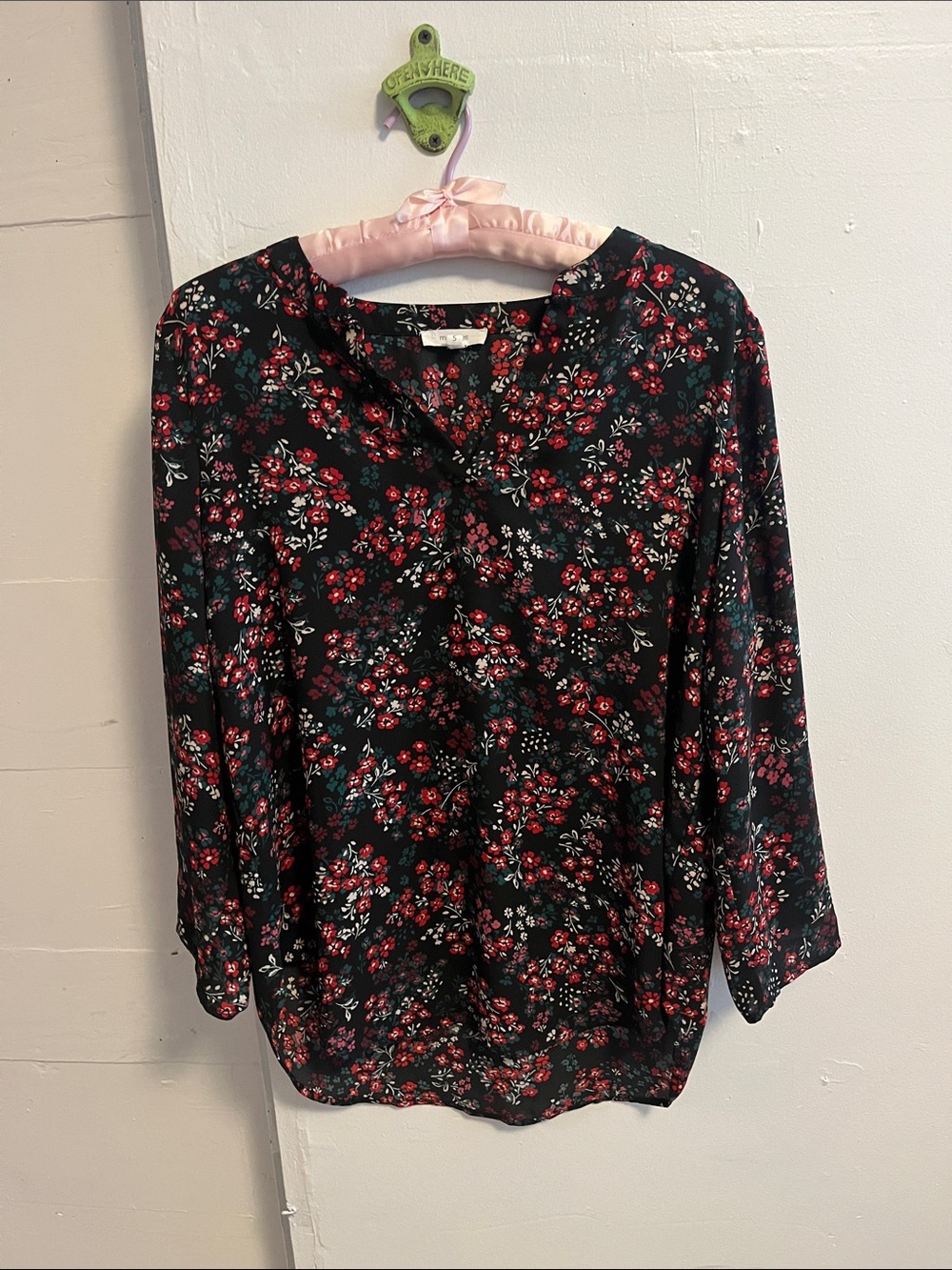 Maurice’s Women's Floral Blouse - Black with Red and White Floral Print